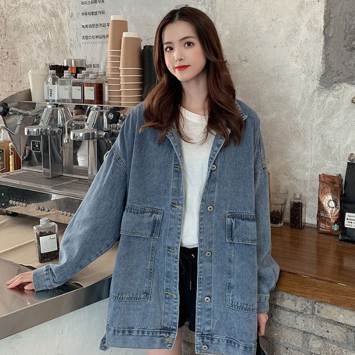Denim jacket women retro Hong Kong flavor loose Korean version of bf all-match tooling jacket outerwear women's trend