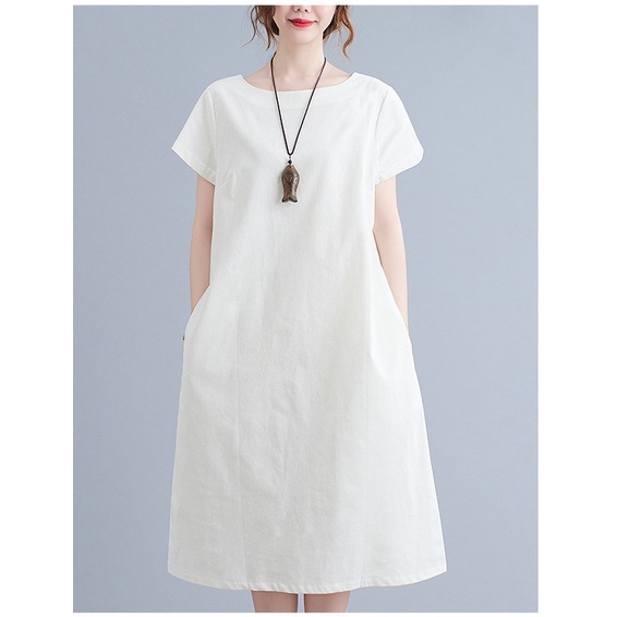 Đầm suông linen tay ngắn màu trắng đai rời, chất vải linen mềm mát, thời trang phong cách Hàn Quốc Da84