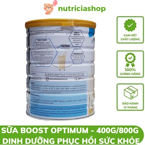 Sữa Boost optimum hộp 400G , 800G Dinh dưỡng thúc đẩy phục hồi sức khỏe cho người bệnh sau phẫu thuật, người già