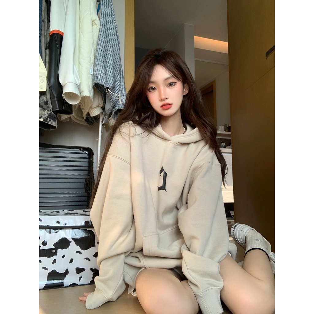 Áo Hoodie Dài Tay Dáng Rộng Thời Trang Mùa Đông Phong Cách Retro Mỹ Dành Cho Nữ