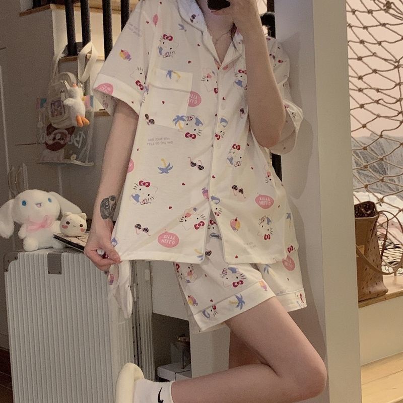 Bộ Đồ Ngủ Ngắn Tay Họa Tiết Hello Kitty Phong Cách Nhật Bản Cho Nữ