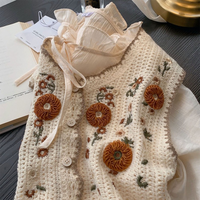 Áo Khoác Cardigan Dệt Kim Không Tay Cổ Chữ V Cài Nút Thêu Họa Tiết Hoa Lá Thời Trang Mùa Xuân Cho Nữ