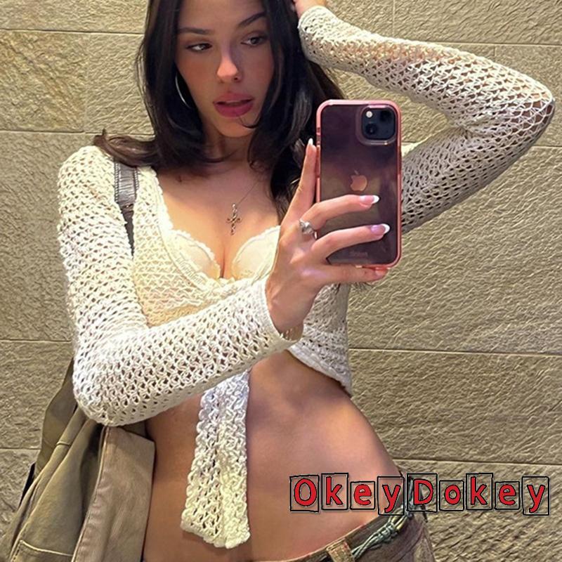 Áo Croptop Dệt Kim Tay Dài Cổ Chữ V Màu Trơn Y2K Buộc Dây Trước Ngực Cho Nữ
