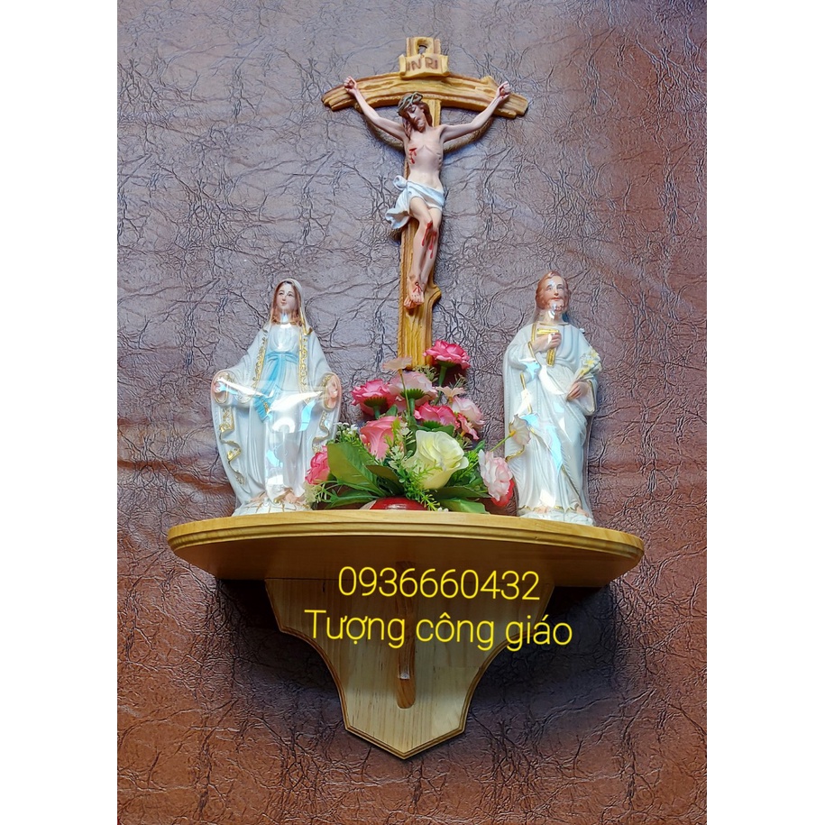 BỘ BÀN THỜ GỖ  TƯỢNG MẸ VÀ THÁNH CAO 30CM, THÁNH GIÁ CHÚA CAO 40CM MÀU TRẮNG(COMBO BÀN THỜ SIZE 30CM MINI