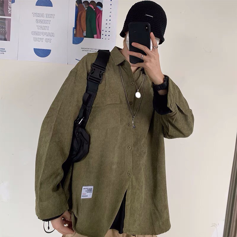 Áo Sơ Mi Nhung Tăm  Phối 1 Túi Nắp Logo Vintage Form Rộng Unisex Nam Nữ Phong Cách Hàn Trẻ Trung Ulzzang NUPAKACHI