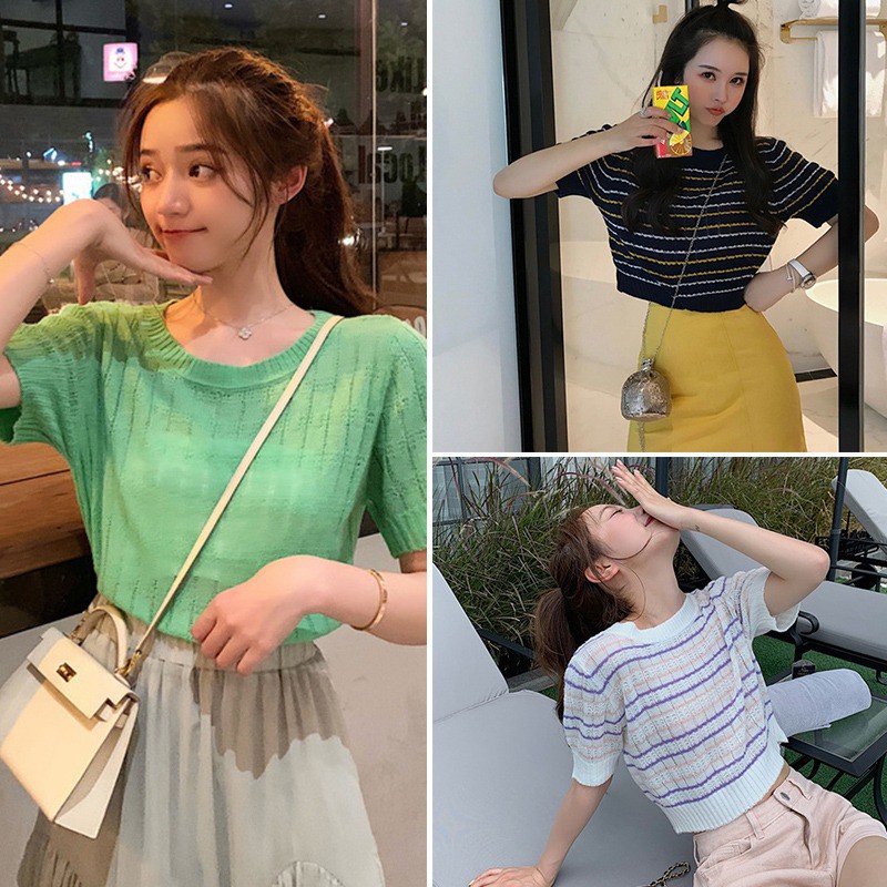 Áo crop top chất liệu dệt kim ngắn tay phong cách Hàn Quốc trẻ trung dành cho nữ | BigBuy360 - bigbuy360.vn
