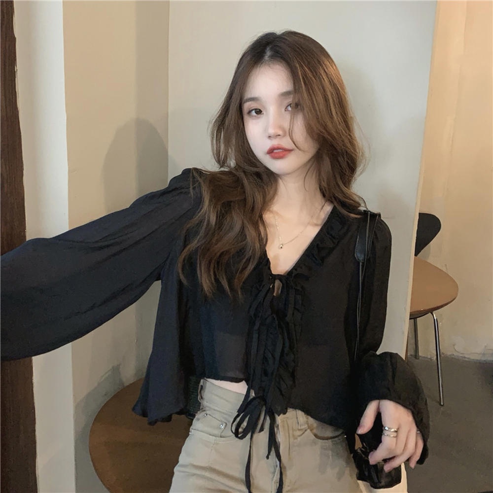 Áo Sơ Mi Tay Dài Cổ Lá Sen Cột Dây Màu Đen Thời Trang 50805