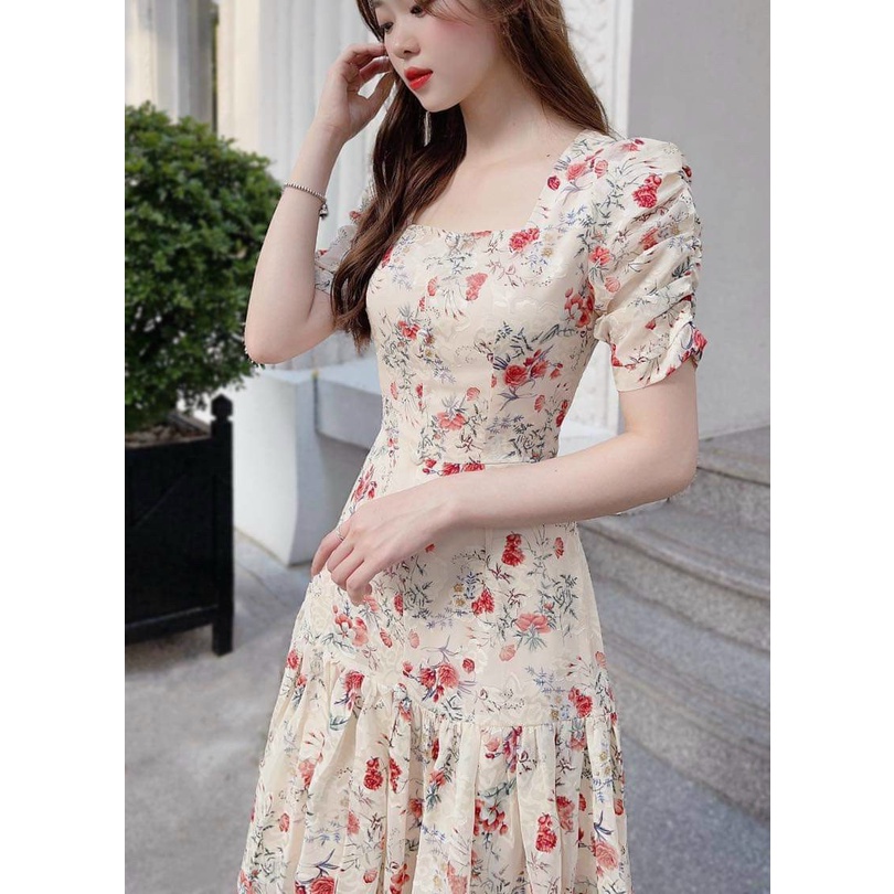 Váy xòe lụa hoa nút bọc cổ vuông đầm dự tiệc