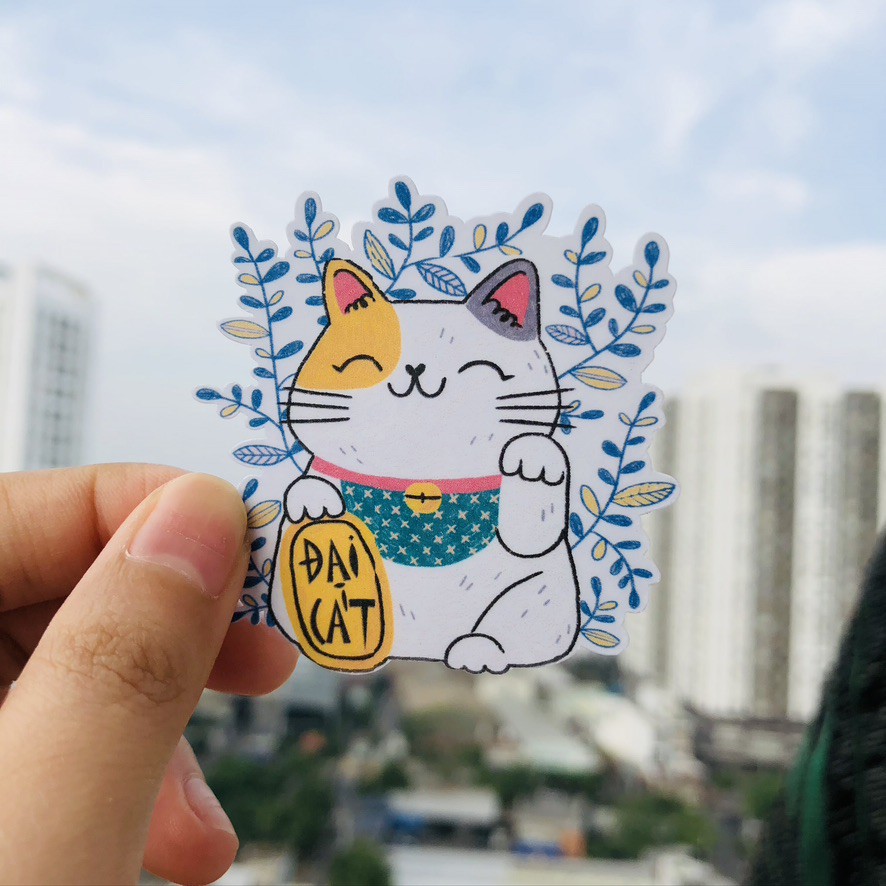 Bộ 3 Sticker/decal dán-MÈO MAY MẮN- decal trang trí,decal điện thoại,laptop,decal chống nước - tiemtaphoacona