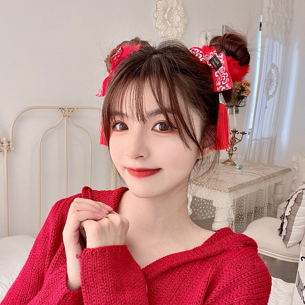 Dây cột tóc đuôi ngựa bằng vải bông màu trơn đính nơ tua rua dễ thương cho bé