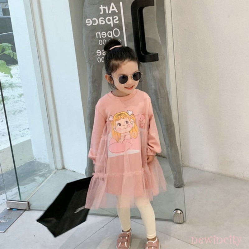 Korean Girls Dress Kids Spring Girls Cute Cartoon Print Mesh Stitching Princess Long-Sleeved Dress