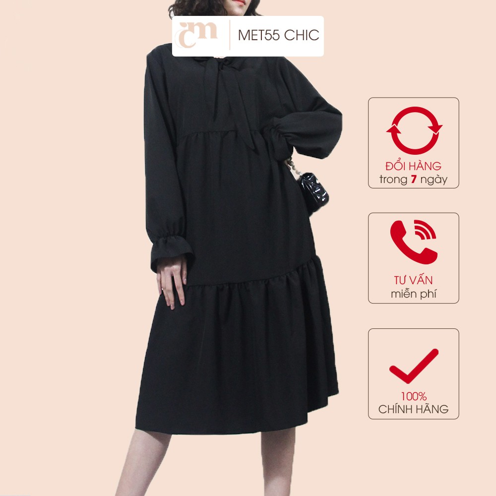 Đầm Babydoll nơ ngực METS 55 - đầm nữ tay bồng dáng xuông chất liệu cao cấp