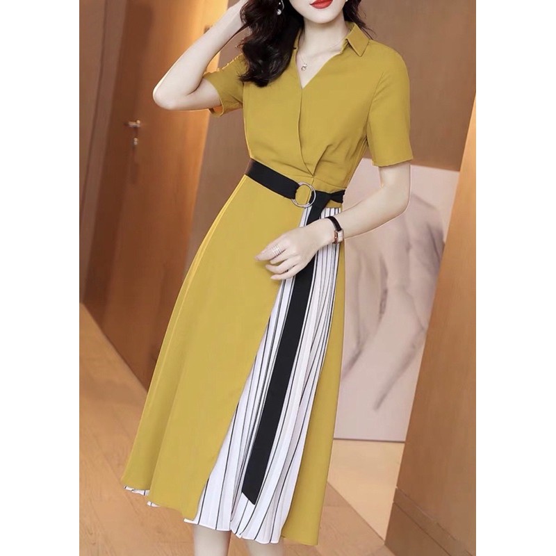 Đầm váy xanh phối sọc v3