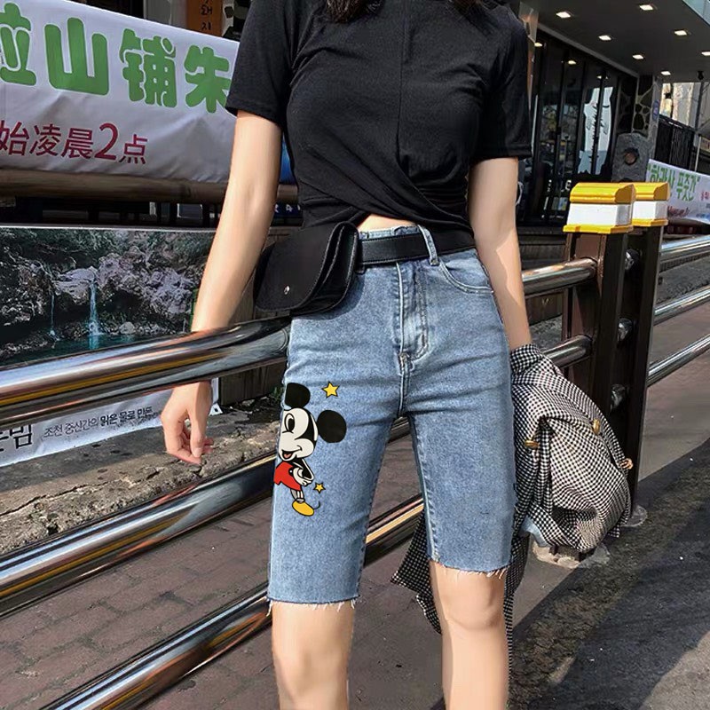 [60kg~90kg] Quần jean ngố / lửng BIG SIZE lưng cao, co dãn mạnh rách kiểu đẹp IN HÌNH chuột mickey 3459 moliruan