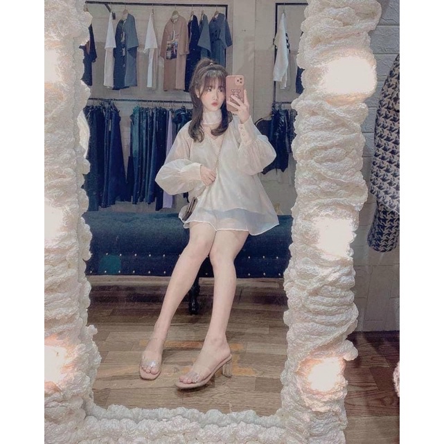 áo kiểu nữ xinh babydoll BIGSIZE bánh bèo dễ thương, cổ áo vải lụa 2 lớp đính ngọc