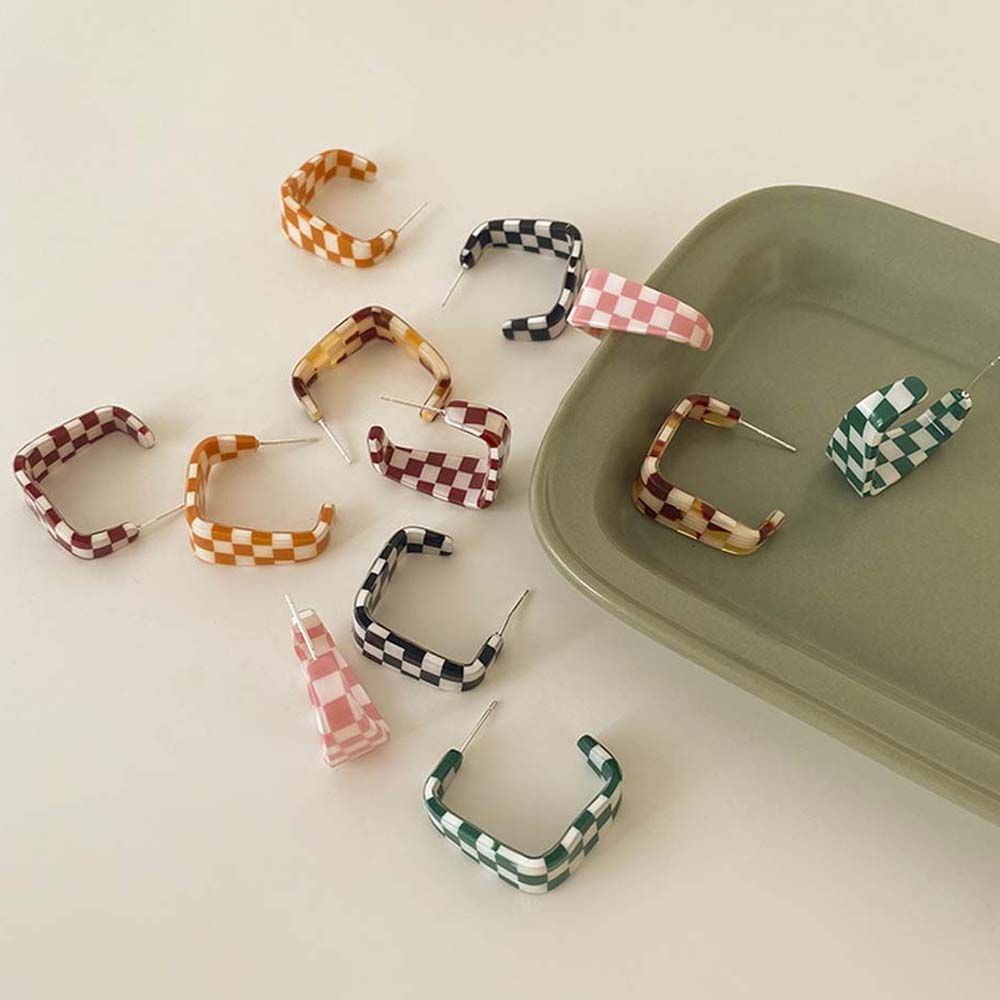 Khuyên tai hình chữ C bằng acrylic họa tiết sọc caro nhiều màu tùy chọn phong cách thanh lịch cho nữ