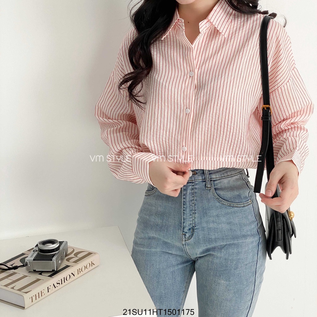 Áo sơ mi tay dài VM STYLE vạt bầu sọc kẻ thời trang nữ công sở VM STYLE 21SU11HT1501