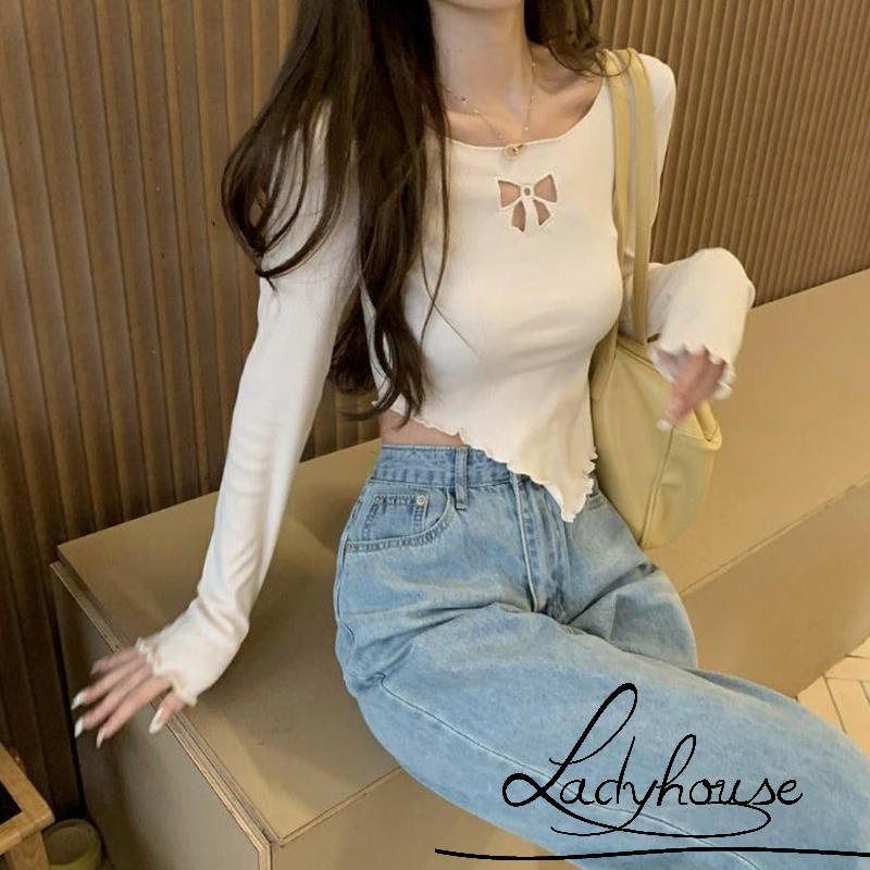 Áo Thun Crop Top Tay Dài Cổ Tròn Màu Trơn Vạt Lệch Thời Trang Dành Cho Nữ