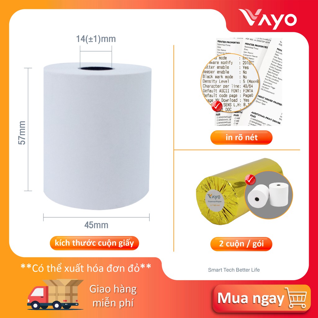 CUỘN LẺ Giấy in nhiệt K57, giấy in bill VAYO, số #1 Thái Lan, kích thước 57mm x 45mm