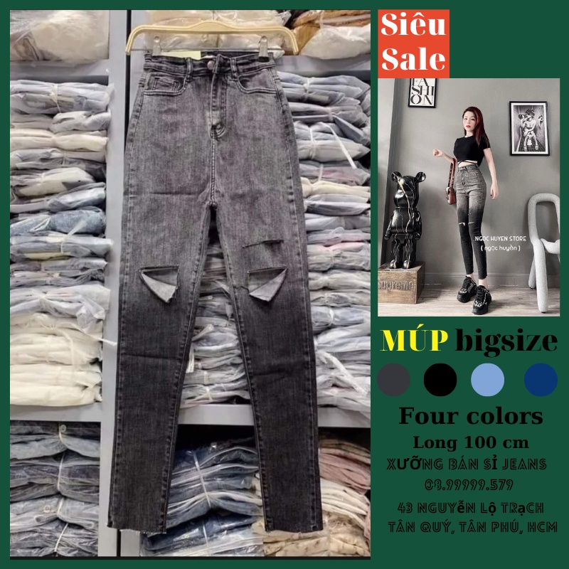 Quần Dài Jeans Nữ Bigsize, Xám Ombre Rách Lai Tua Mới, Lưng Cao Trên Rốn, Co Giãn Mạnh