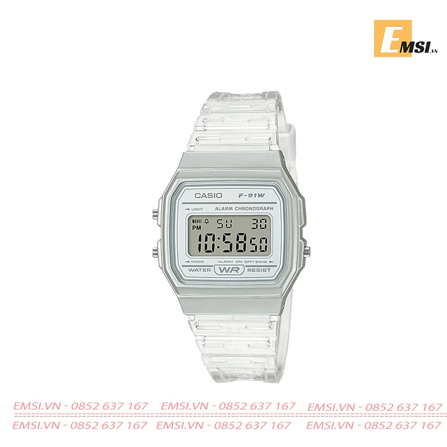Đồng Hồ Casio Nam F-91WS-7DF Dây Nhựa Trong - Mặt Vuông - Size mặt 35mm EMSI.VN