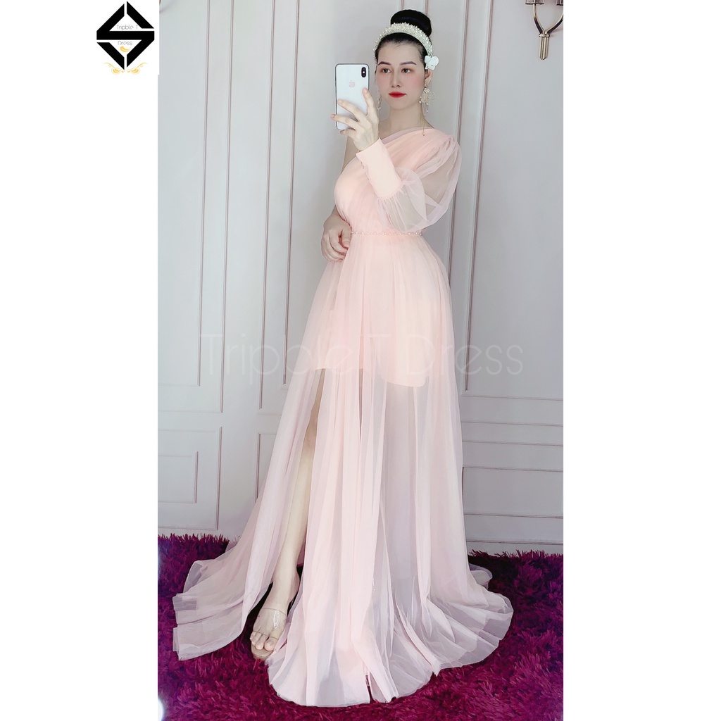 Đầm maxi dự tiệc lệch vai tay dài kết ngọc TRIPBLE T DRESS - size M/L (ảnh/video thật) MS132V