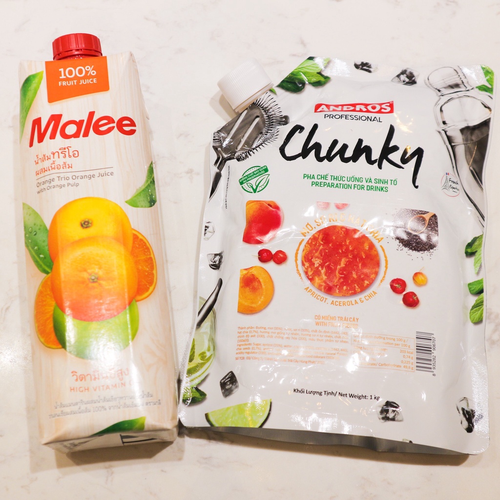 Bộ đôi Nước ép Cam Malee chai 1L và sinh tố Chunky Mơ sori hạt chia 1kg. Hàng công ty có sẵn giao ngay