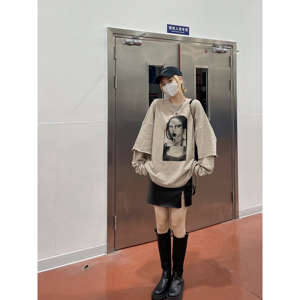 Áo thun nữ dáng rộng tay dài in hình đơn giản thời trang Hàn Quốc