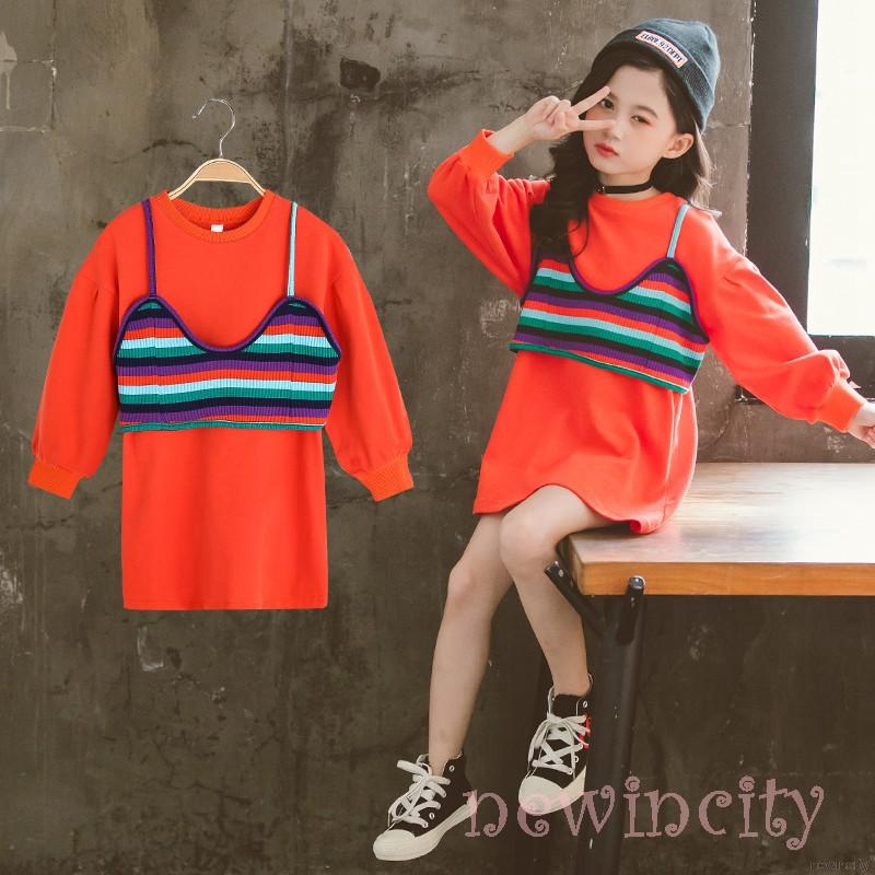 Đầm thun dài tay sọc ngang màu cầu vồng cho bé