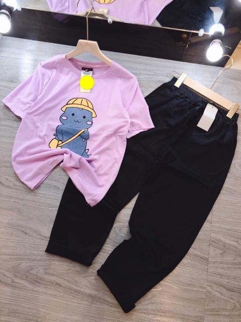 Sét áo khủng long đội mũ+quần Kaki T&amp;T áo thun nam nữ, quần kaki, quần nữ, sét bộ mặc ở nhà - LEEDA MODY