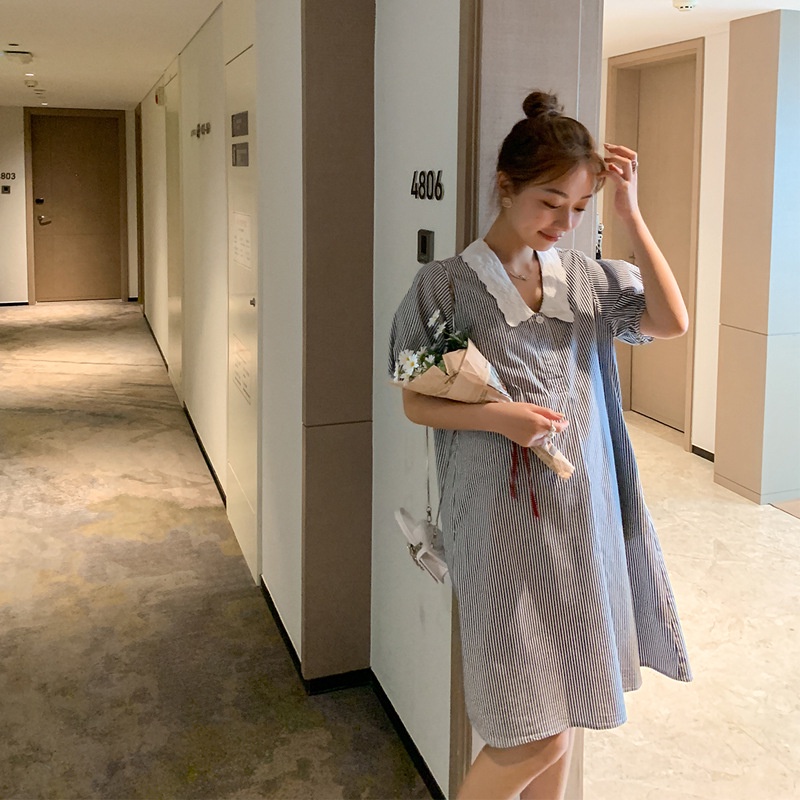 Váy đầm bầu sọc kẻ cổ sơ mi thiết kế công sở, dự tiệc cho mẹ bầu phong cách hàn quốc sang trọng lịch sự mới mùa hè