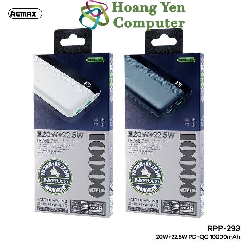 Sạc Dự Phòng Remax RPP-293 10000Mah (Sạc Nhanh QC3.0 18W, 22.5W, PD20W, VOOC 2.0) - BH 1 Năm - Hoàng Yến Computer