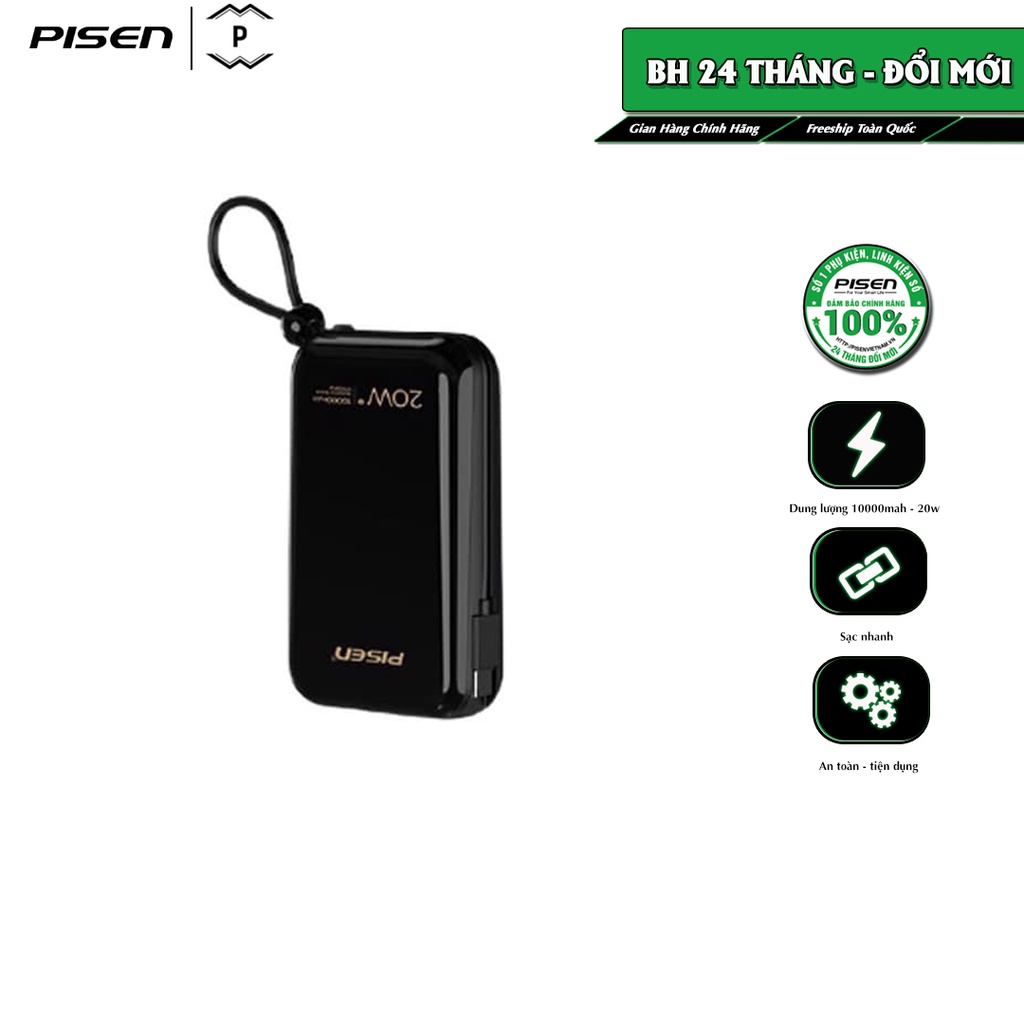 Sạc dự phòng PISEN Quick QP 20W 10000mAh, sạc nhanh, công suất sạc 20W, kèm cáp L, model: LS-DY34, bảo hành 24 tháng