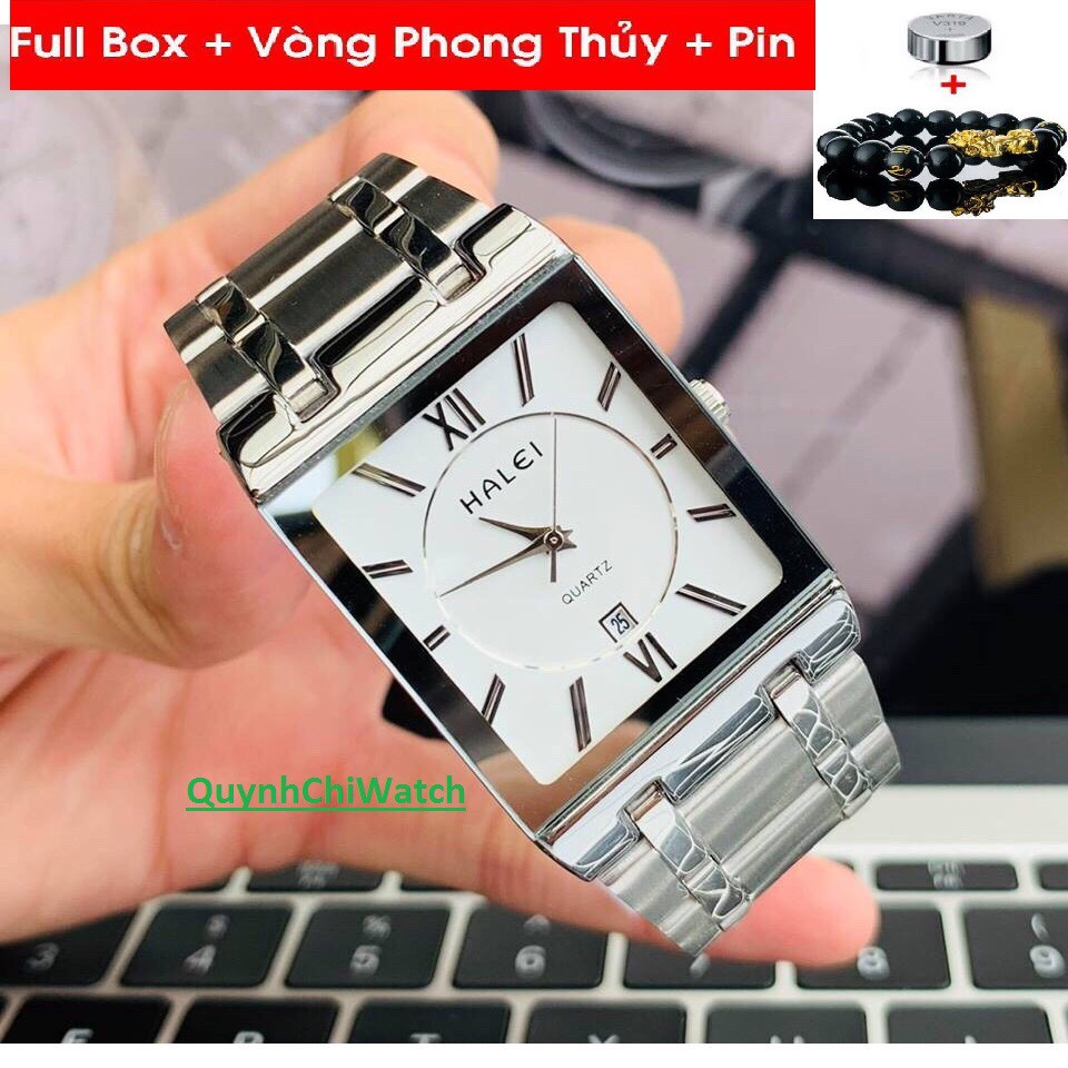 Full Box Đồng Hồ Nam Doanh Nhân Halei Mặt Trắng Dây Bạc + Vòng, Pin - Quynhchiwatch