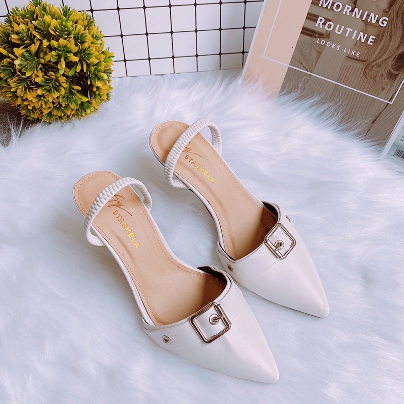 Guốc sục cao gót mũi nhọn da lì có quai chun sau quai ngang tag khoá vuông gót nhọn 7cm