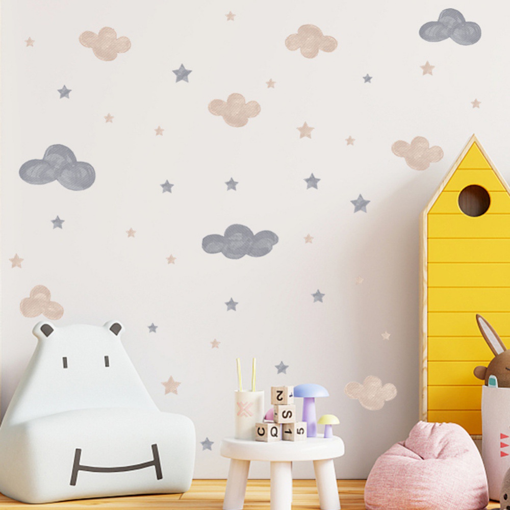 Sticker Dán Tường Họa Tiết Đám Mây Và Ngôi Sao Màu Nước Dùng Trang Trí Phòng Ngủ
