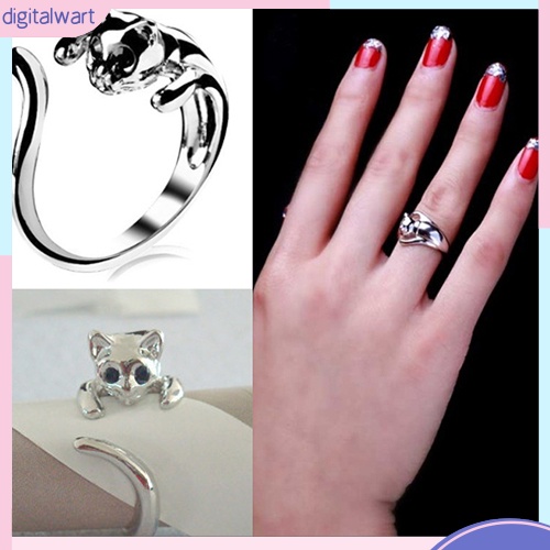Nhẫn mạ bạc hình mèo đính đá xinh xắn