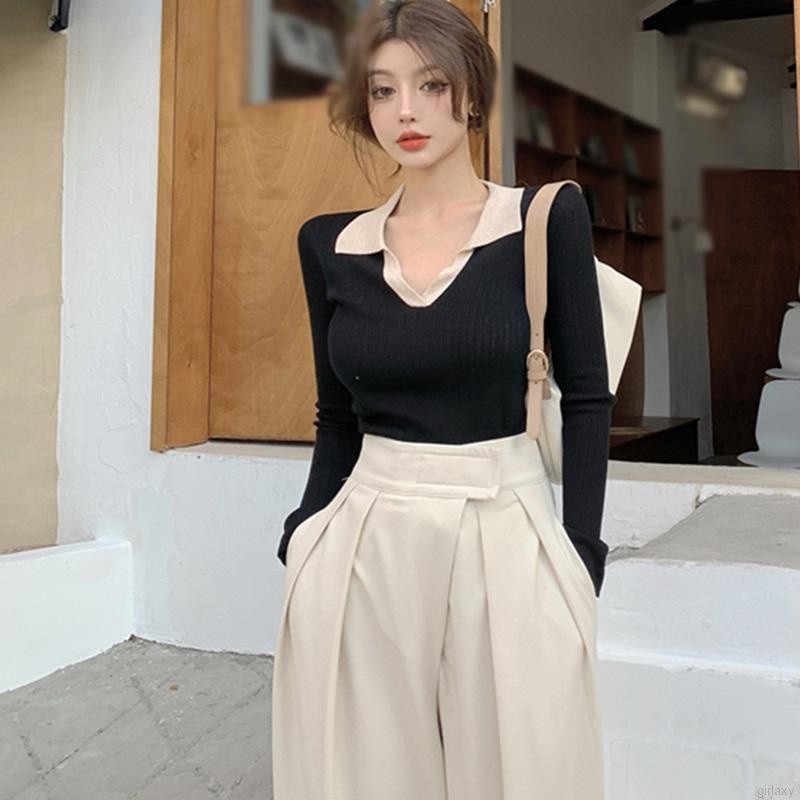 Áo dệt kim tay dài màu sắc đơn giản phong cách Hàn Quốc thời trang cho nữ