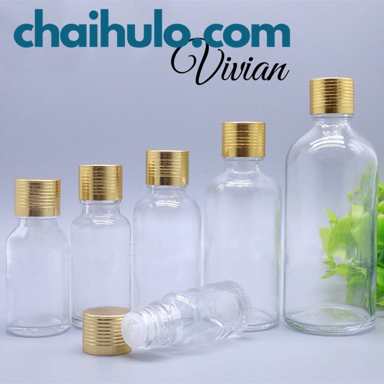 Chai lọ thủy tinh đựng tinh dầu, serum thân trong suốt nắp vặn vàng nhỏ giọt