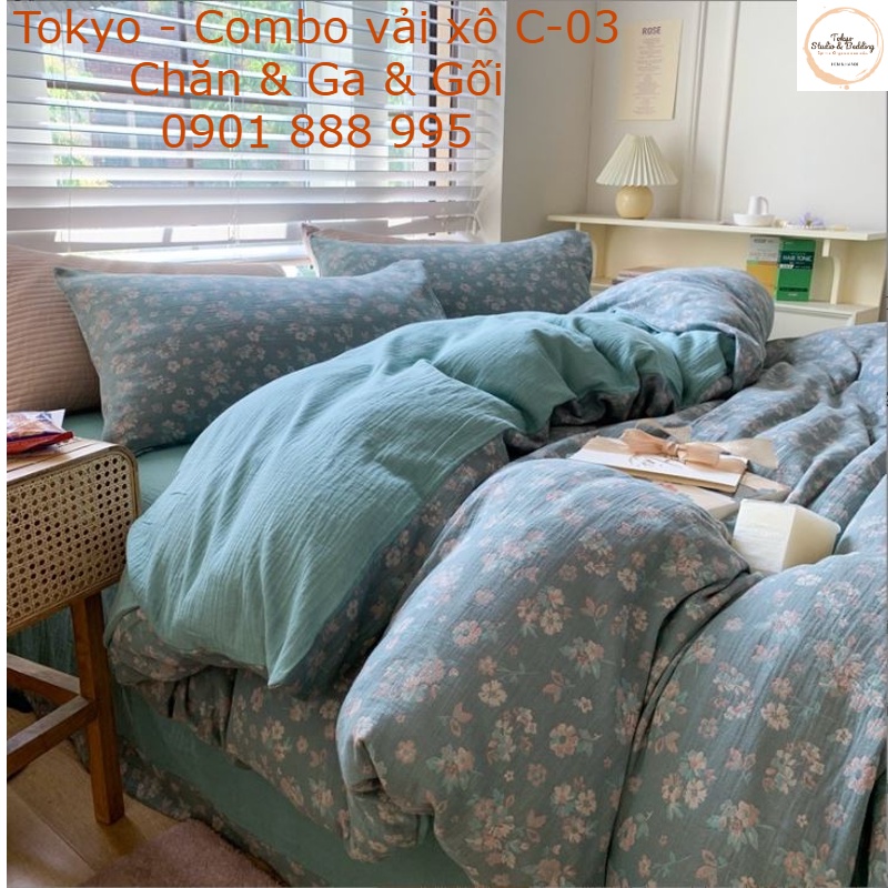 BST Thu Đông _ Vỏ Chăn Ga Gối vải Xô Organic cotton dòng cao cấp hoạ tiết bông nhỏ nền xanh