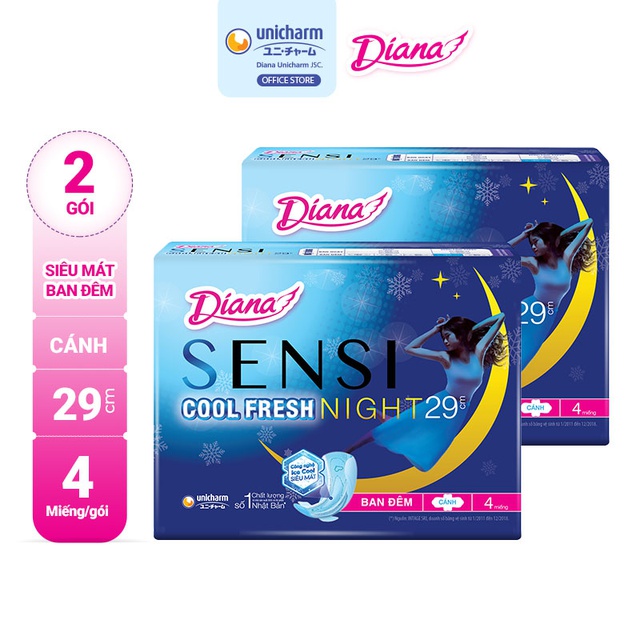 Bộ 2 gói băng vệ sinh Diana Sensi Cool Fresh Night 29cm 4 miếng/gói