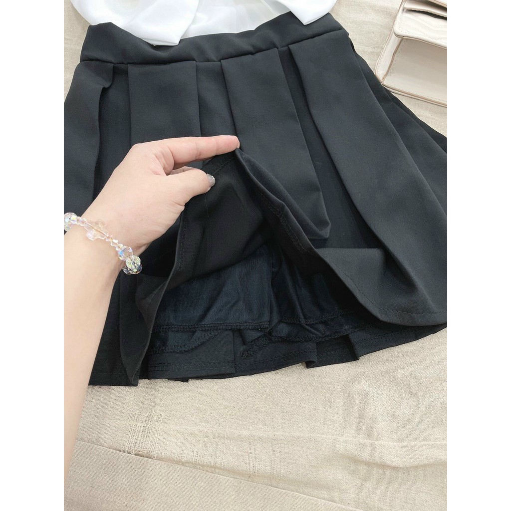 set xinh áo bản to nơ ngực kèm chân váy dập ly bánh bèo tiểu thư