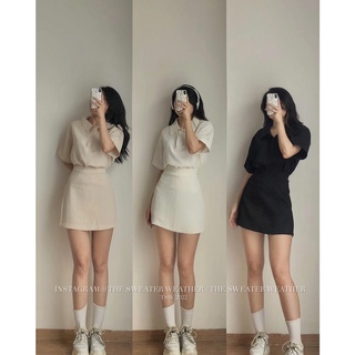 (Ảnh thật) Set áo thun xốp cổ polo kèm chân váy trơn the.sweaterweather TSW