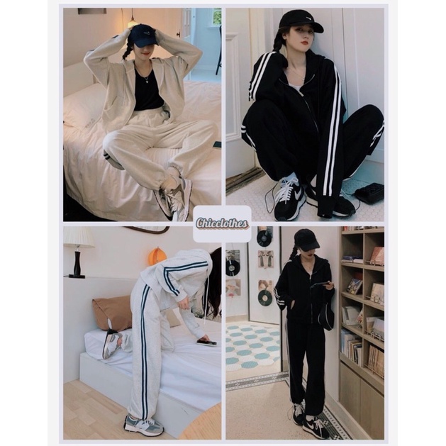 🌸 Set nỉ bo gân áo khoác hoodie kèm quần dài 2 màu ĐEN XÁM mặc thoải mái năng động