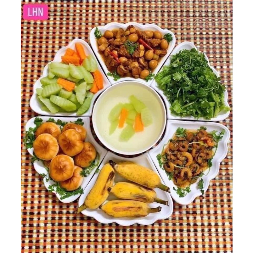 Bộ bát đĩa hoa mặt trời Bát Tràng giá rẻ - Set bát dĩa đẹp thắp hương thờ cúng gia tiên Bát Tràng 6 đĩa và 1 bát tô