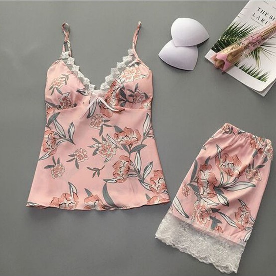 (Có size, túi zip) Bộ mặc nhà 2 dây lụa Quảng Châu cổ V / bộ ngủ 2 dây lụa pha ren hoạ tiết Tropical