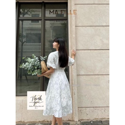 Váy đầm hoa nổi tầng đai tiểu thư