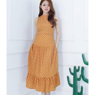 Đầm maxi hở lưng chấm bi thắt dây nơ