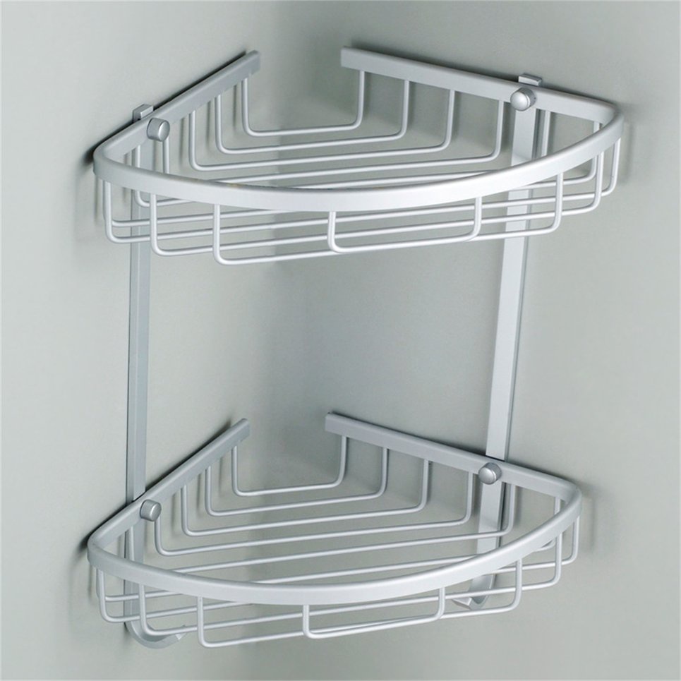 Double Tiers Triangle Bathroom Corner Shelf Basket Space Aluminum Storage Rack