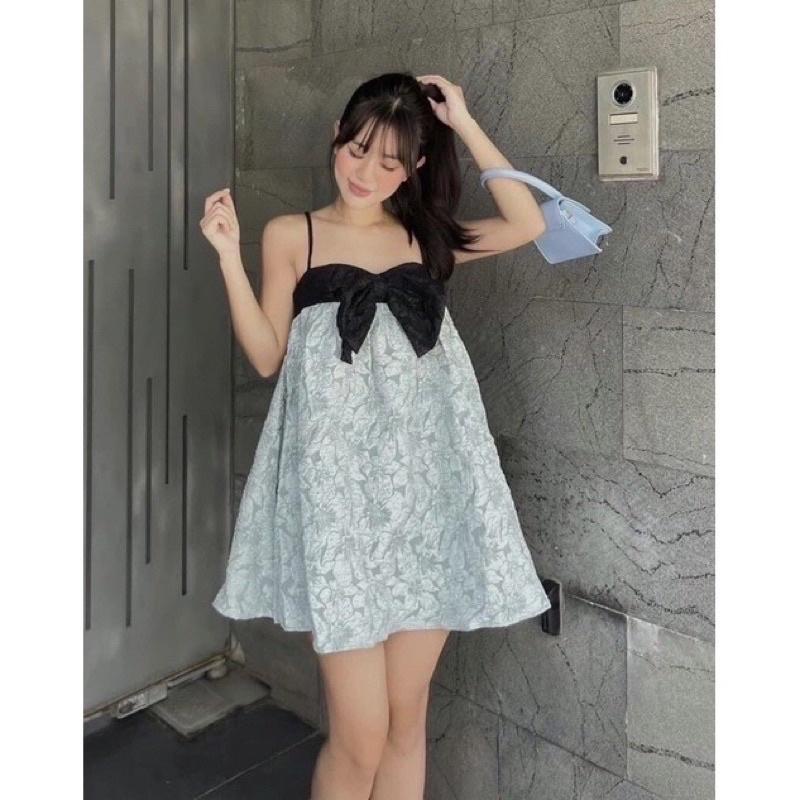 Đầm babydoll vải gấm phối nơ